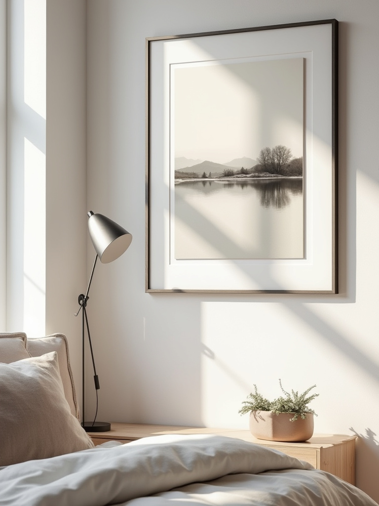 Portrait image of a bedroom art corner featuring a minimalist abstract landscape framed with a matte black metal frame and wide off-white mat, harmonizing with Scandinavian bedroom decor