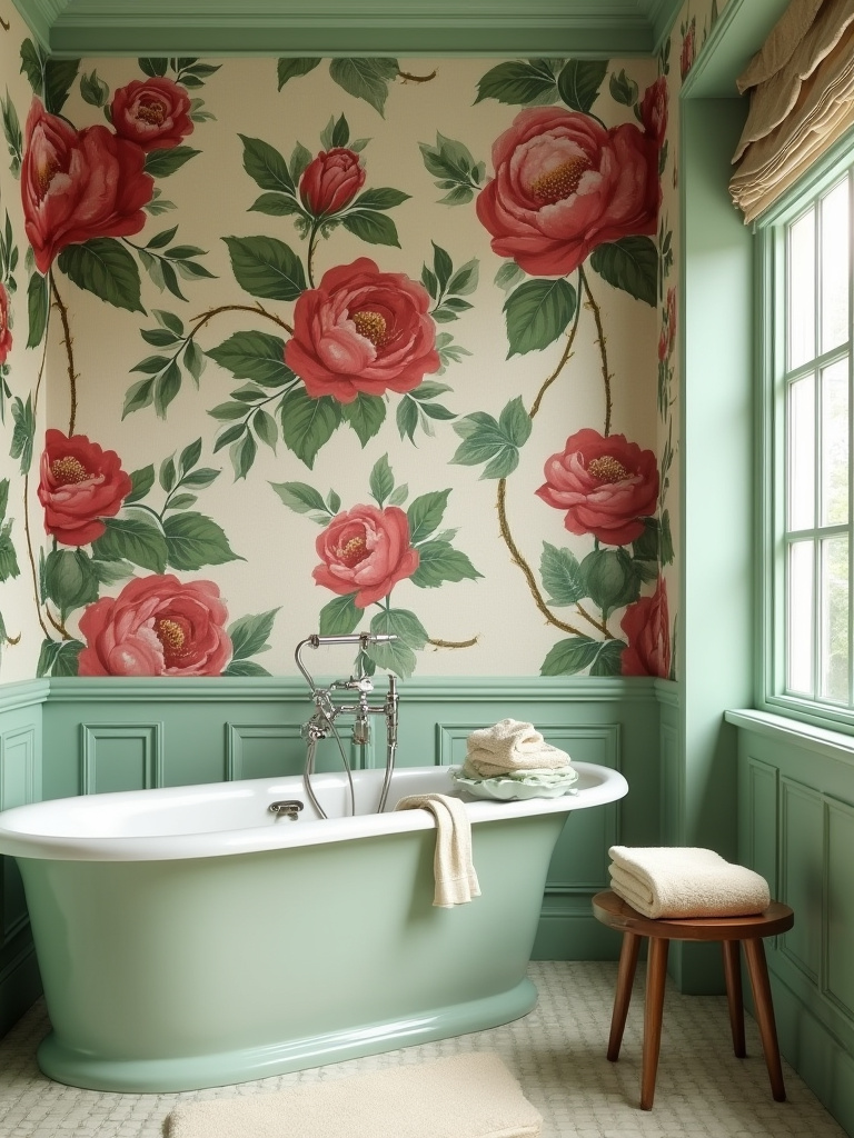 Vintage bathroom with bold floral wallpaper balanced by complementary sage green walls and cream furnishings