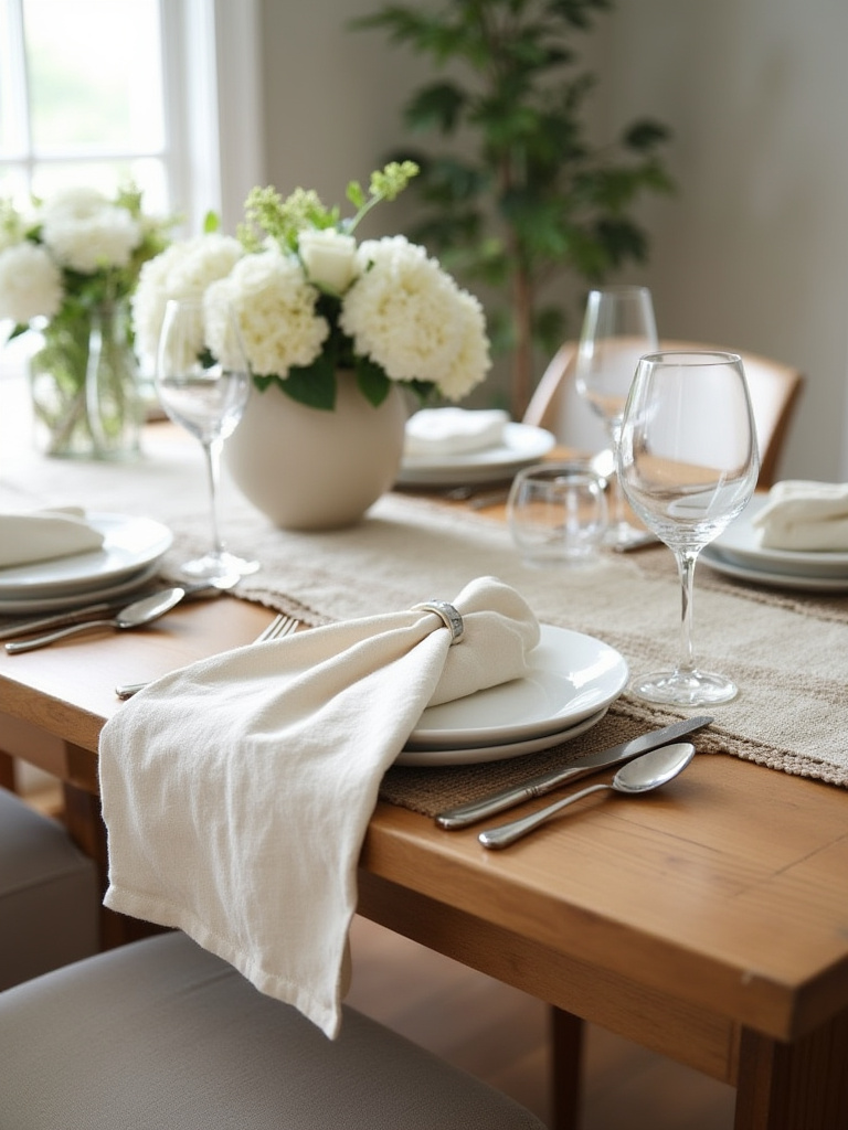 Portrait dining table with layered linens and textiles in warm neutrals