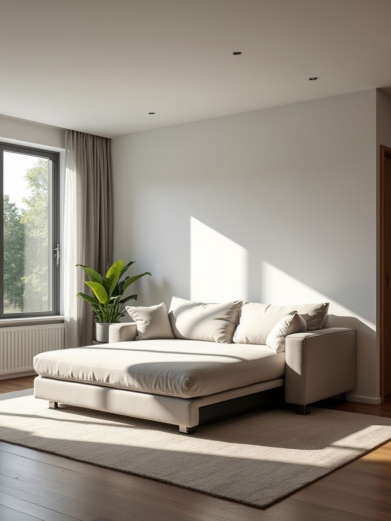 Modern living room showcasing multi-functional furniture including a sofa bed and storage ottoman for smart space utilization