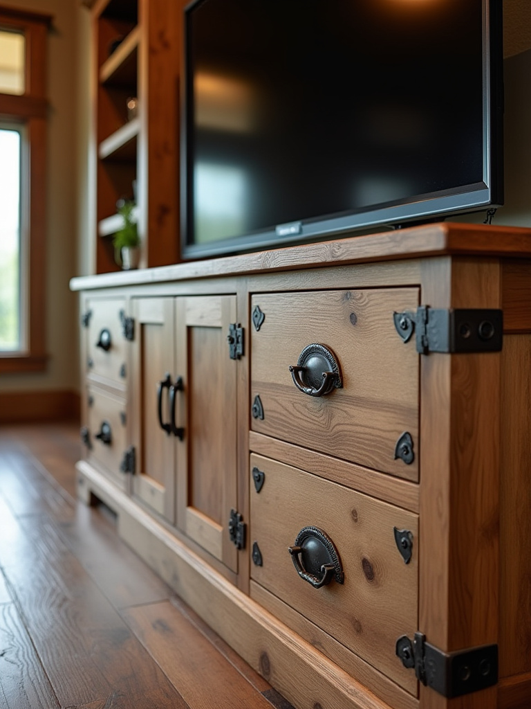 Portrait of hand-forged iron pulls and rustic hardware on a reclaimed wood cabinet in a warm living room.