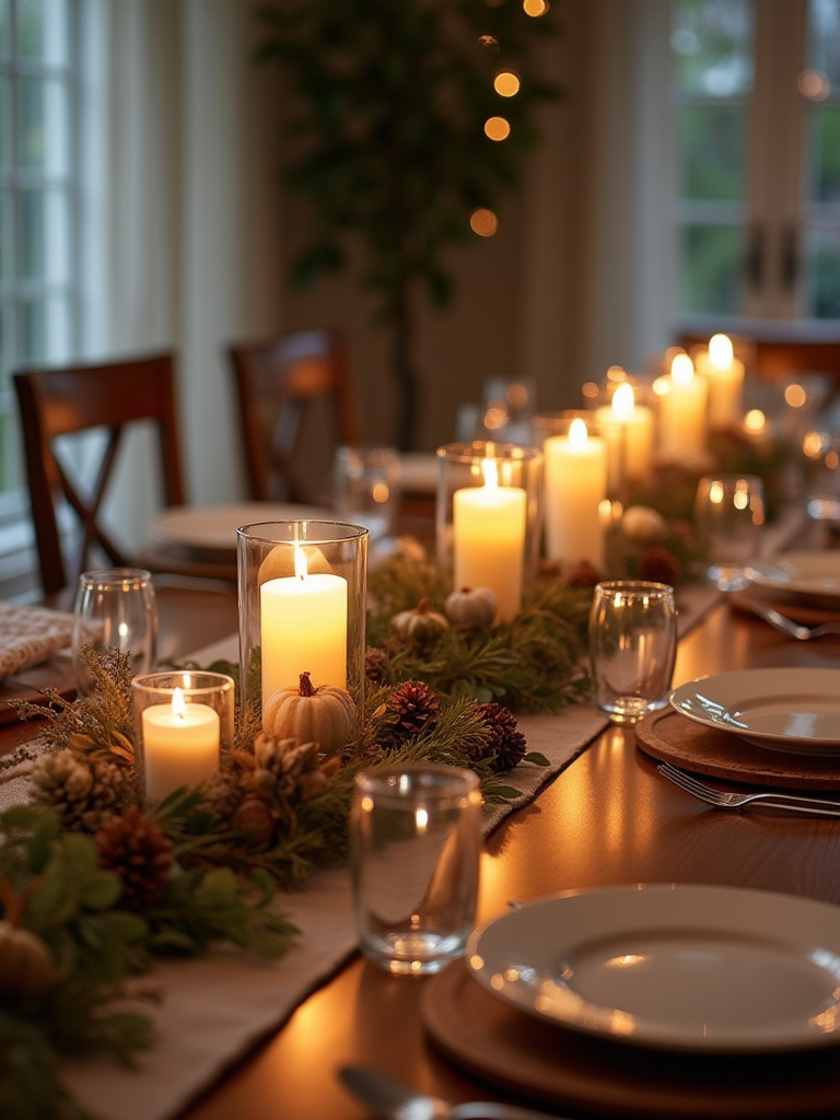 Portrait of a dining table with a long, low-profile themed centerpiece for seasonal flair