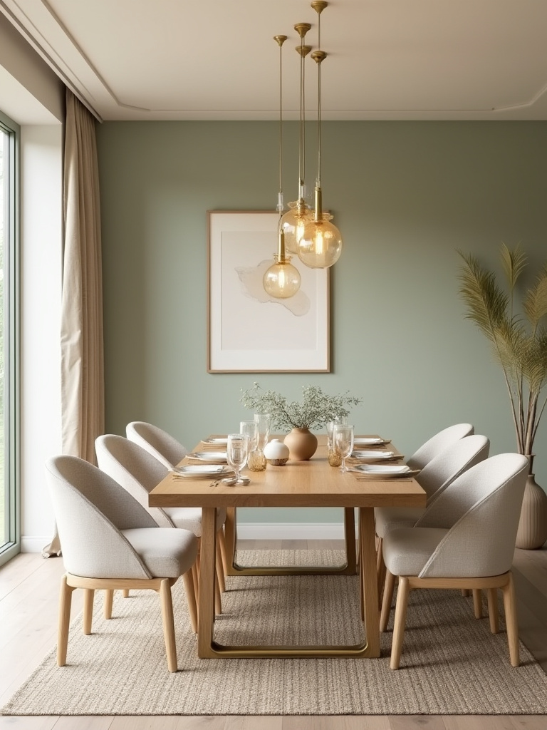 Dining room in portrait layout showing a harmonious color palette with beige walls, sage accent, wood table, and brass accents