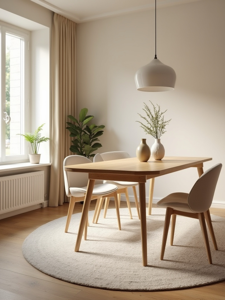 Vertical dining room scene showing rug anchoring the dining zone under a modern table and chairs in a warm, neutral-toned open-plan space.