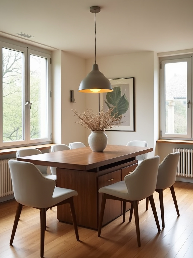 Portrait view of a modern dining room featuring a compact expandable dining table with six chairs, warm wood tones, and natural window light.