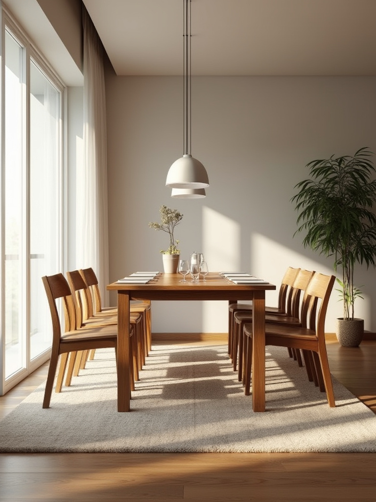 Modern dining room with rectangular wooden table and chairs showing ample clearance and balanced room flow