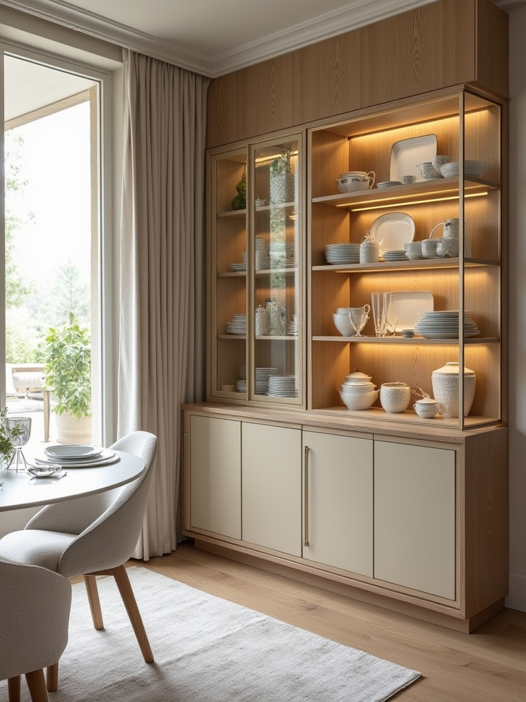 Elegant dinnerware display in a glass-front cabinet with warm lighting