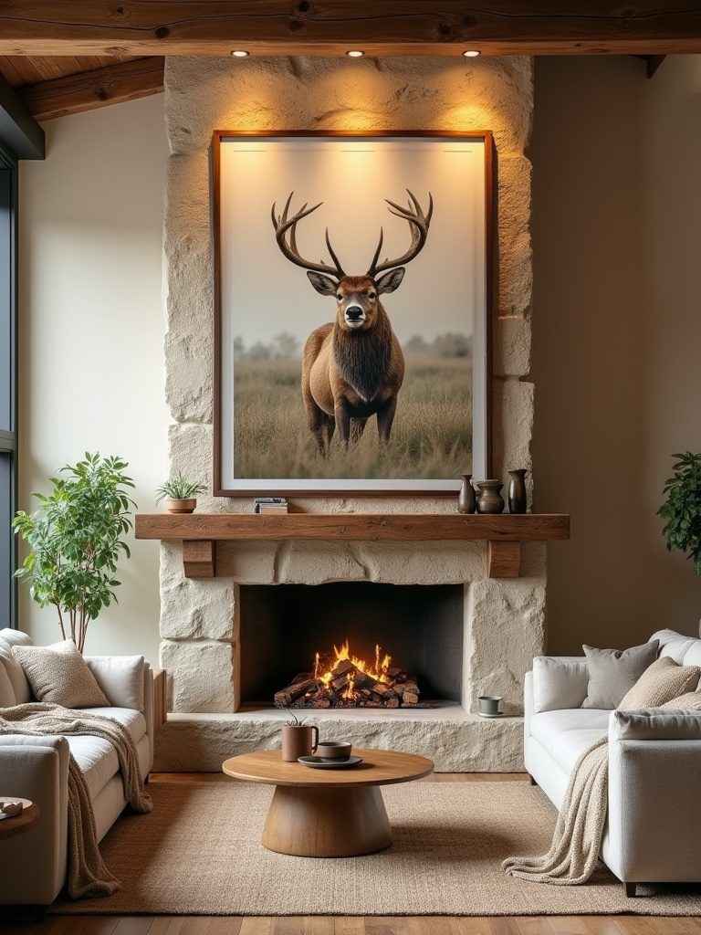 Rustic living room with a large wildlife print above a stone fireplace and natural textures