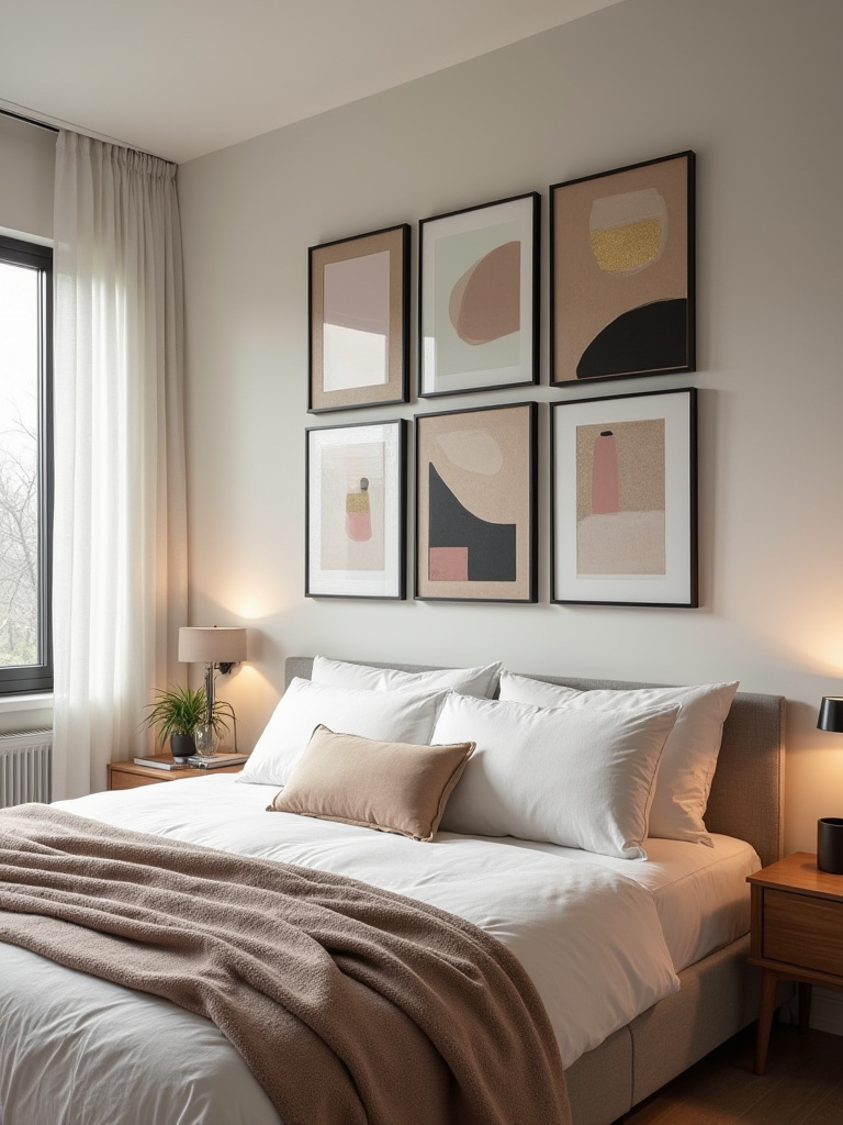 Modern bedroom with an asymmetric gallery wall above the bed showcasing a strategically reconfigured art layout for fresh perspectives