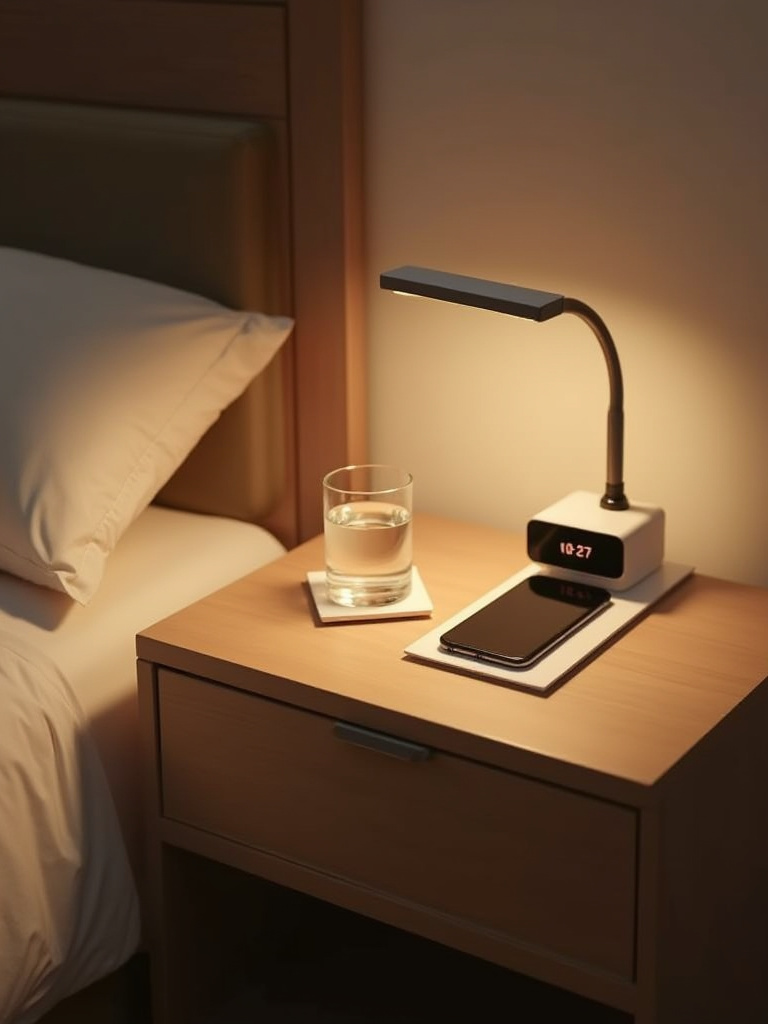 Minimalist nightstand with essential items including lamp, glass of water, alarm clock, and charging dock in a cozy bedroom