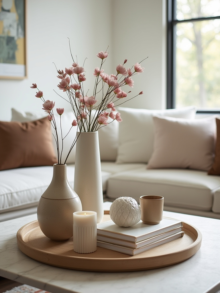 Coffee table styled with an intentional vignette featuring vase, sculpture, candle, and books in a modern living room