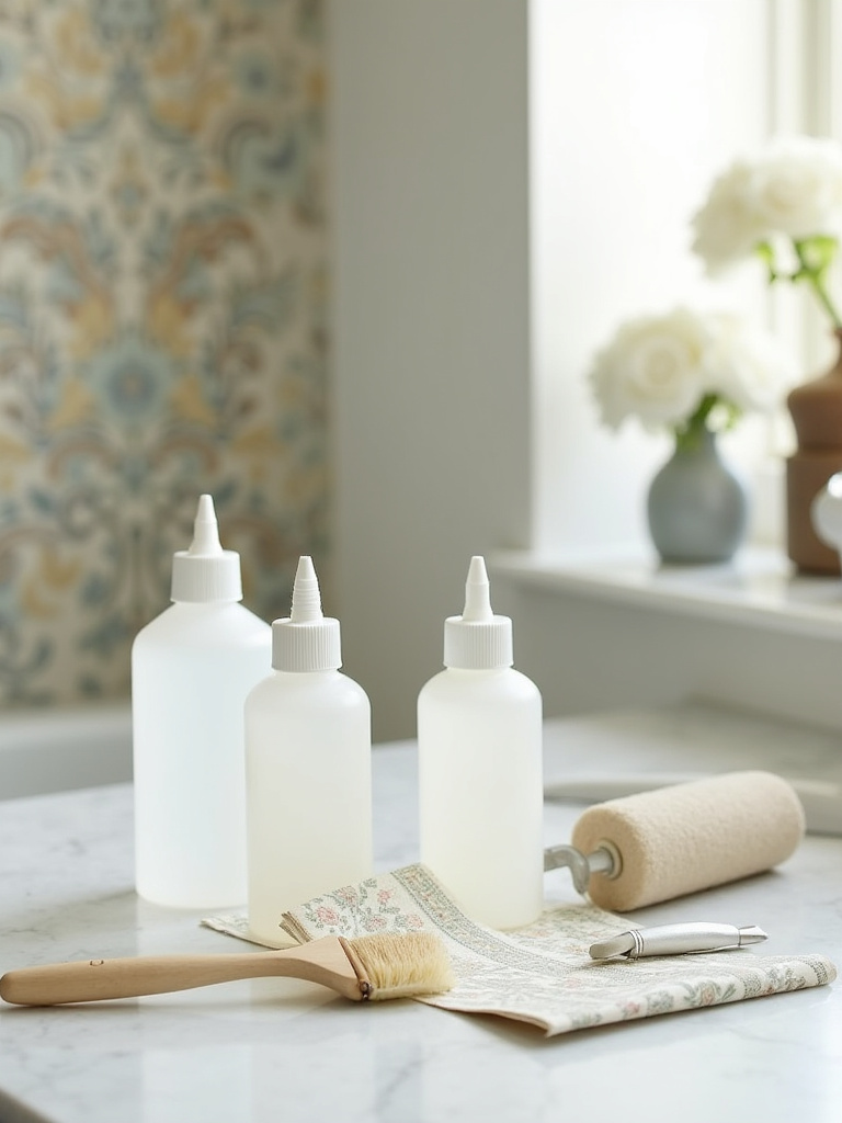 Vintage bathroom wallpaper adhesives and tools arranged on a countertop with natural light highlighting the textures
