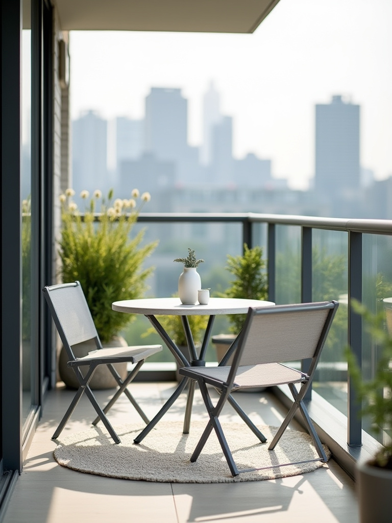 Portrait of a balcony arranged with lightweight furniture and planters, illustrating safe decor placement and space planning.