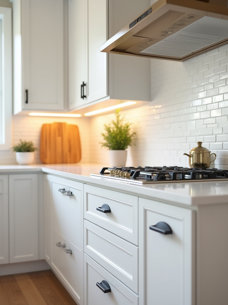 Rental kitchen with new matte black pulls and brushed brass knobs on shaker cabinets