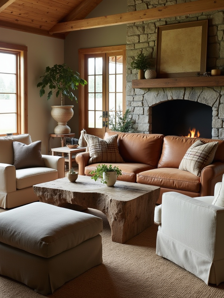 Rustic living room with a leather sofa and wool chairs upholstered in natural fabrics.