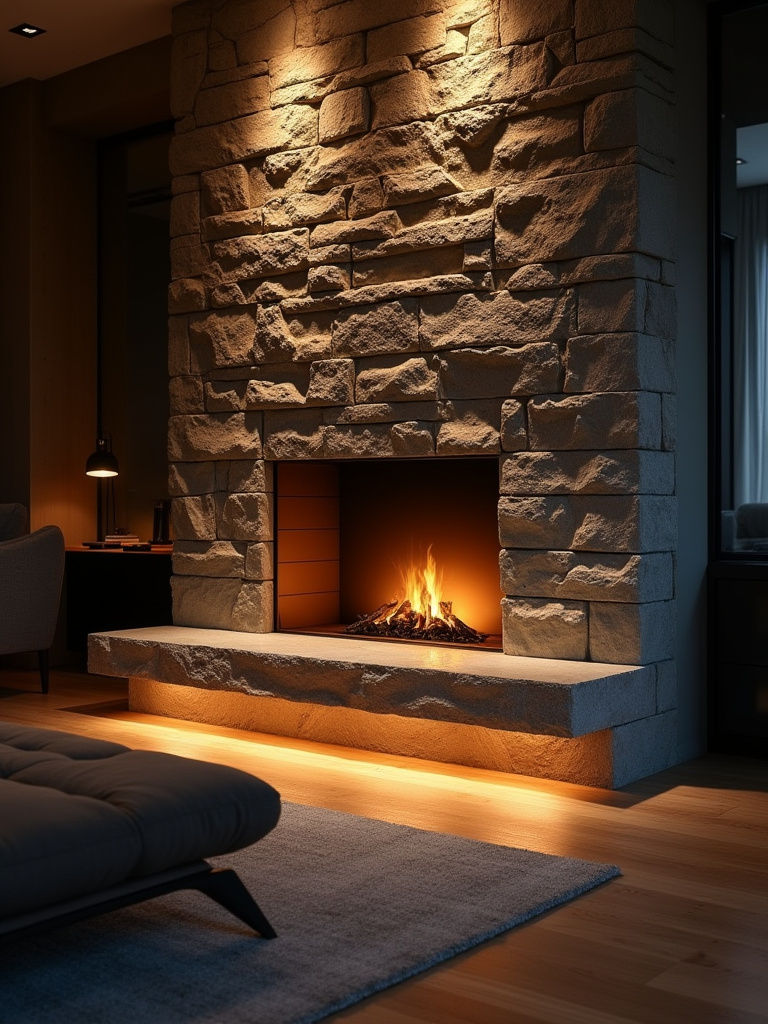Living room fireplace with warm accent lighting highlighting textured stone architectural feature