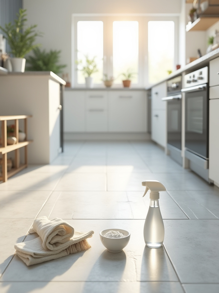 Bright kitchen tile floor with clean grout lines after deep cleaning, with grout cleaning tools in view