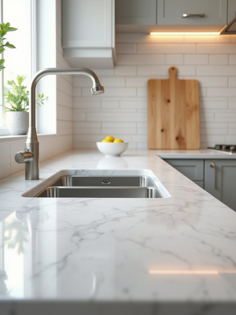 Vertical photo of an apartment kitchen countertop covered in white marble temporary contact paper with sink, backsplash, potted herb and bowl of lemons.