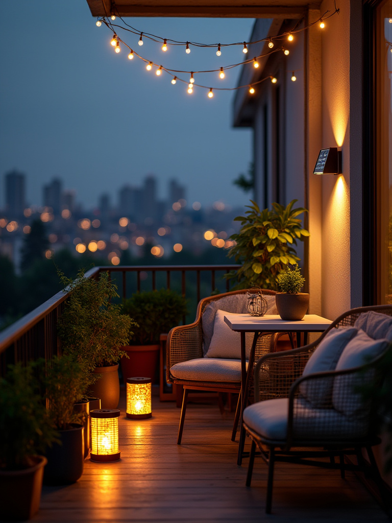 Vertical balcony scene at dusk with solar-powered string lights and lanterns, cozy plants, no people