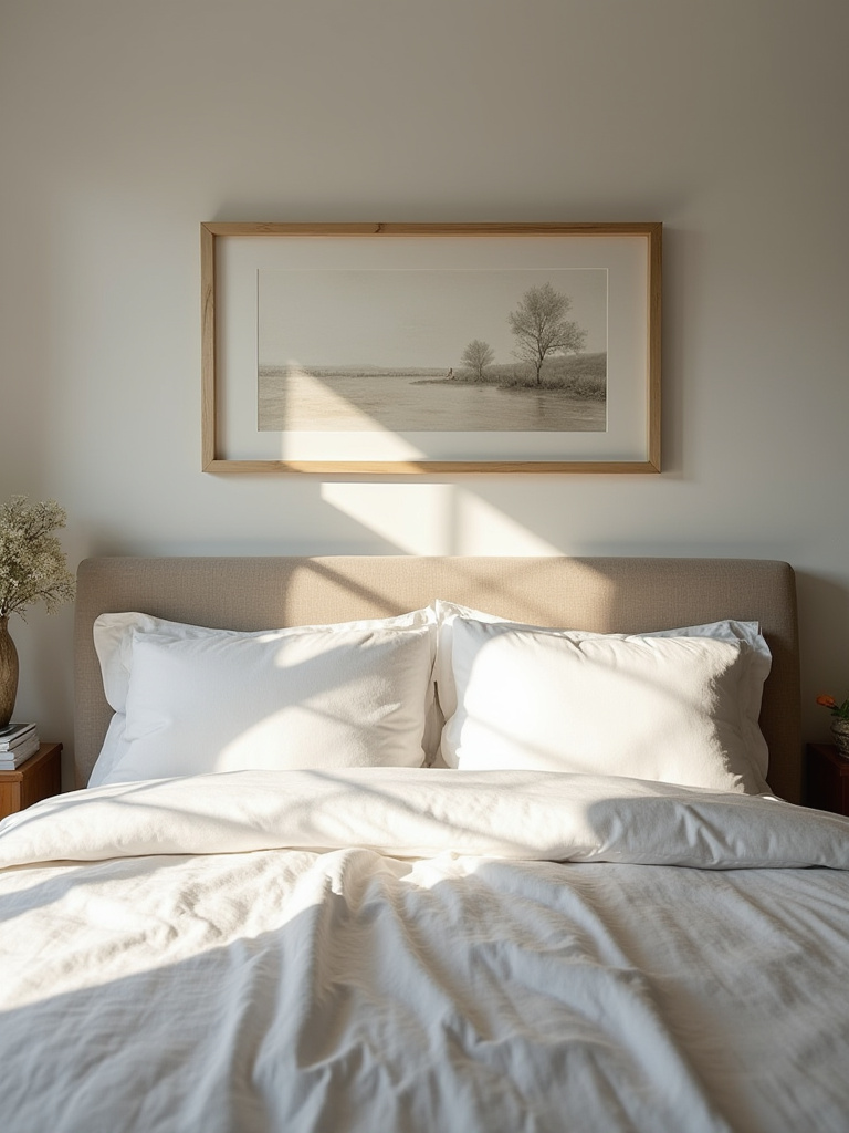 Bedroom with bed headboard and perfectly aligned artwork 5 inches above it, showcasing ideal bedroom art aesthetic