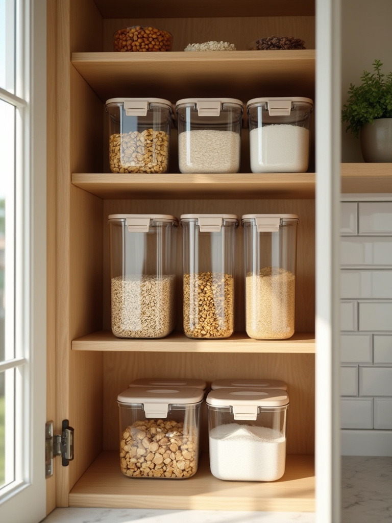 Vertical photo of an apartment pantry with uniform clear airtight containers neatly arranged on wooden shelves, filled with pasta, oats and rice.