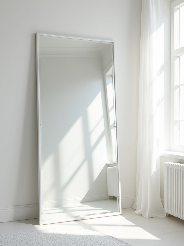 White bedroom with large floor-length mirror reflecting natural light to expand space and brightness