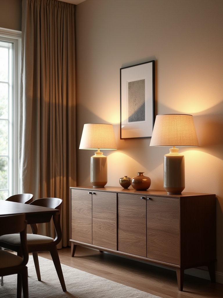 Vertical dining room scene with a walnut sideboard, two warm-table lamps, and a softly lit dining table.