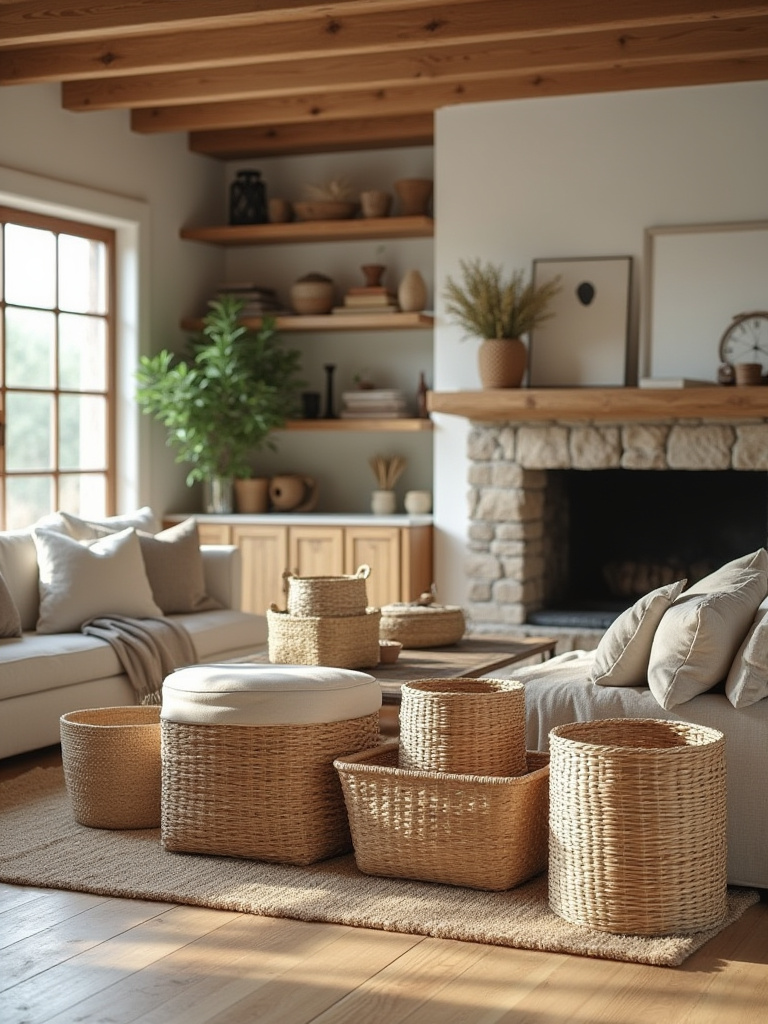 Vertical rustic living room with woven seagrass baskets used for concealed storage on shelves