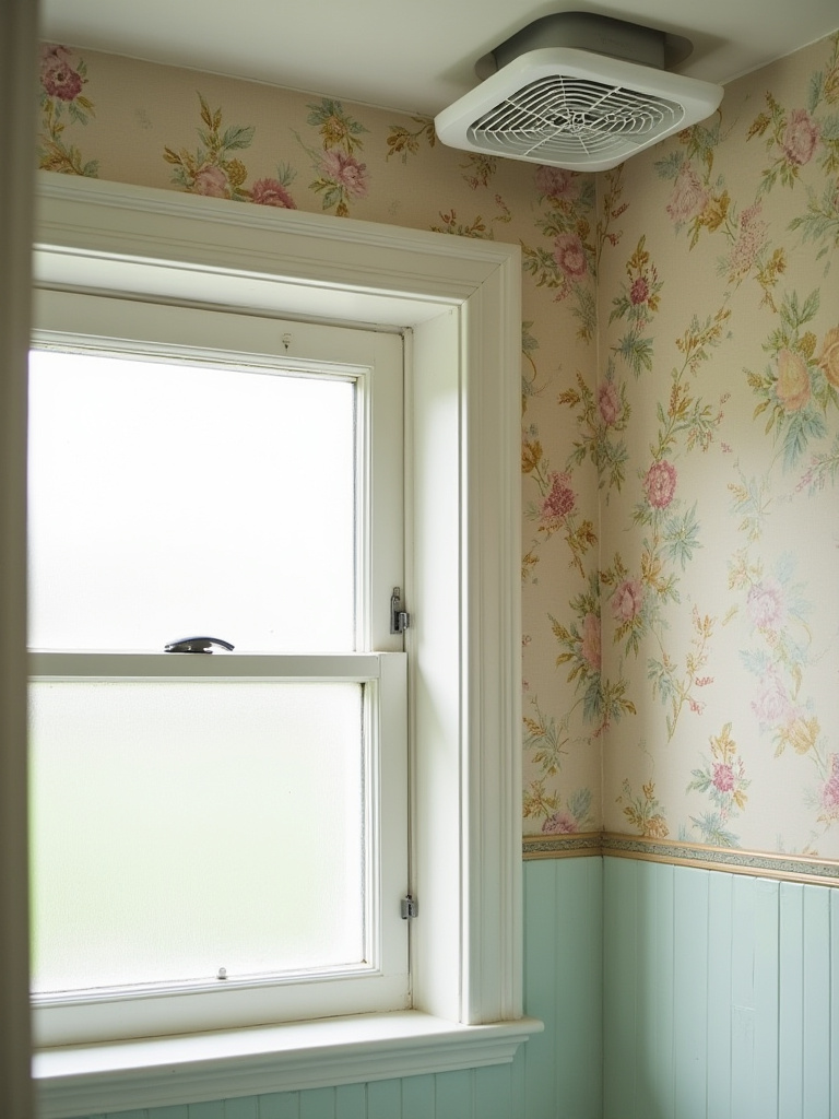 Vintage bathroom wallpaper with modern exhaust fan providing ventilation to prevent steam damage
