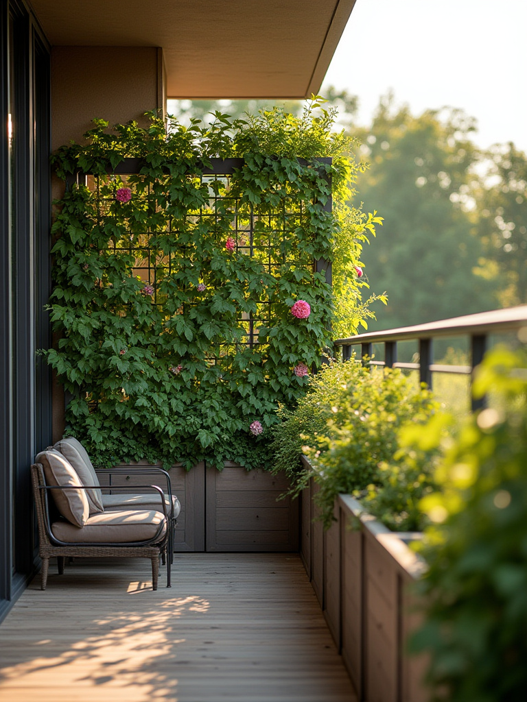 Vertical balcony trellis with climbing plants forming a natural privacy screen on an apartment balcony.