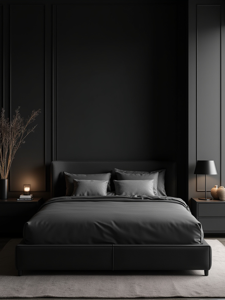 A stylish, clutter-free black bedroom showcasing smart organization solutions, including a black platform bed with hidden storage, minimalist nightstands, and integrated storage to maintain a serene and tidy aesthetic.