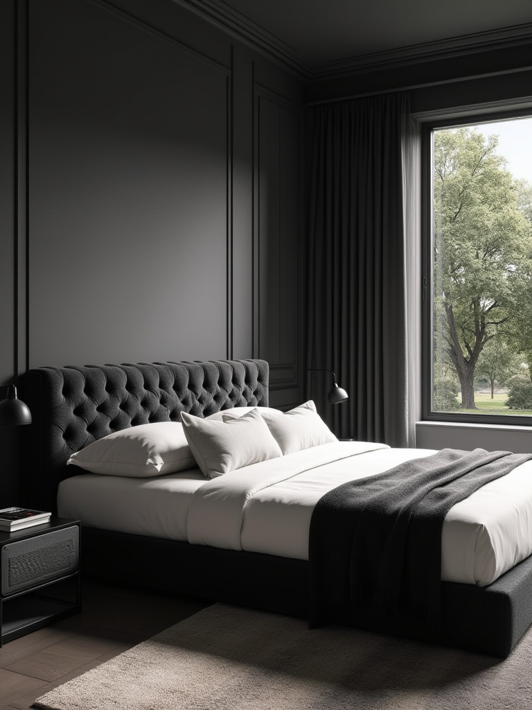 A thoughtfully designed black bedroom with a black bed and nightstand, showcasing a dedicated space for future furniture additions, symbolizing flexible interior planning.