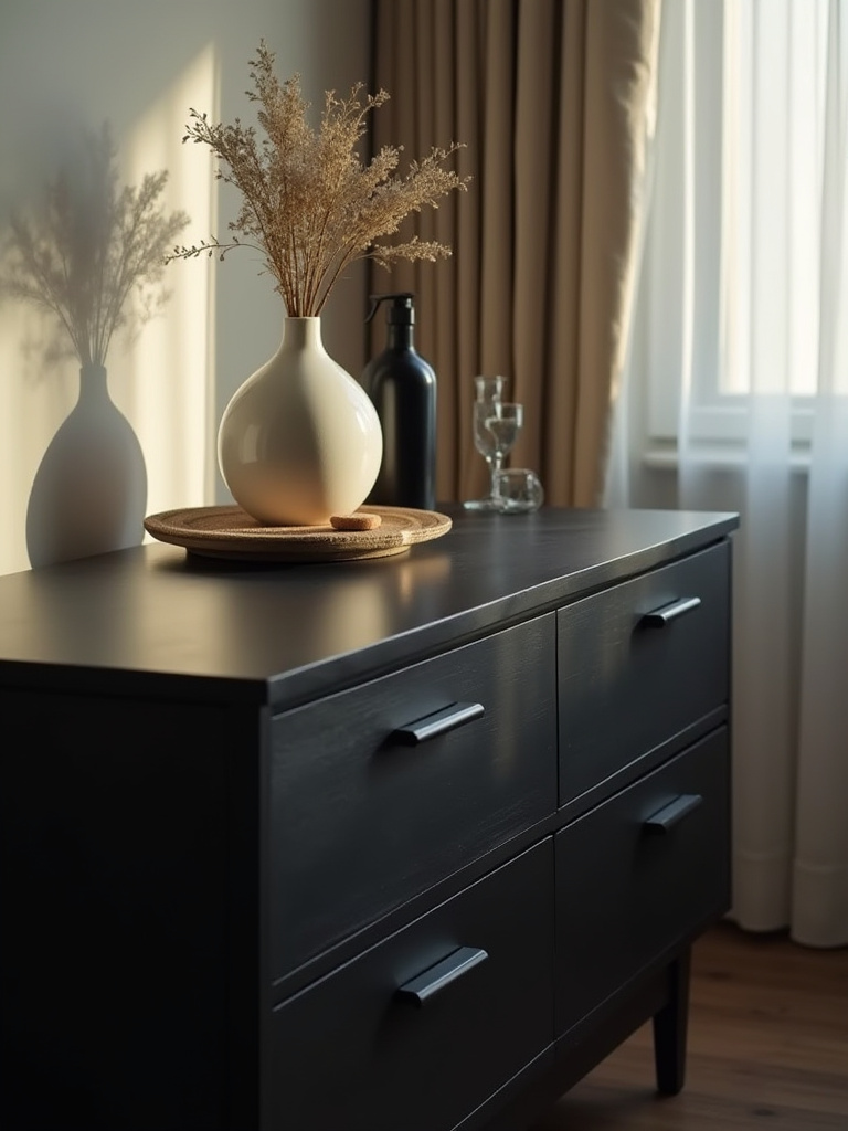 A sleek black dresser with felt pads under a decorative vase, and sunlight streaming through a window partially covered by a sheer UV-filtering film, illustrating protection from damage.