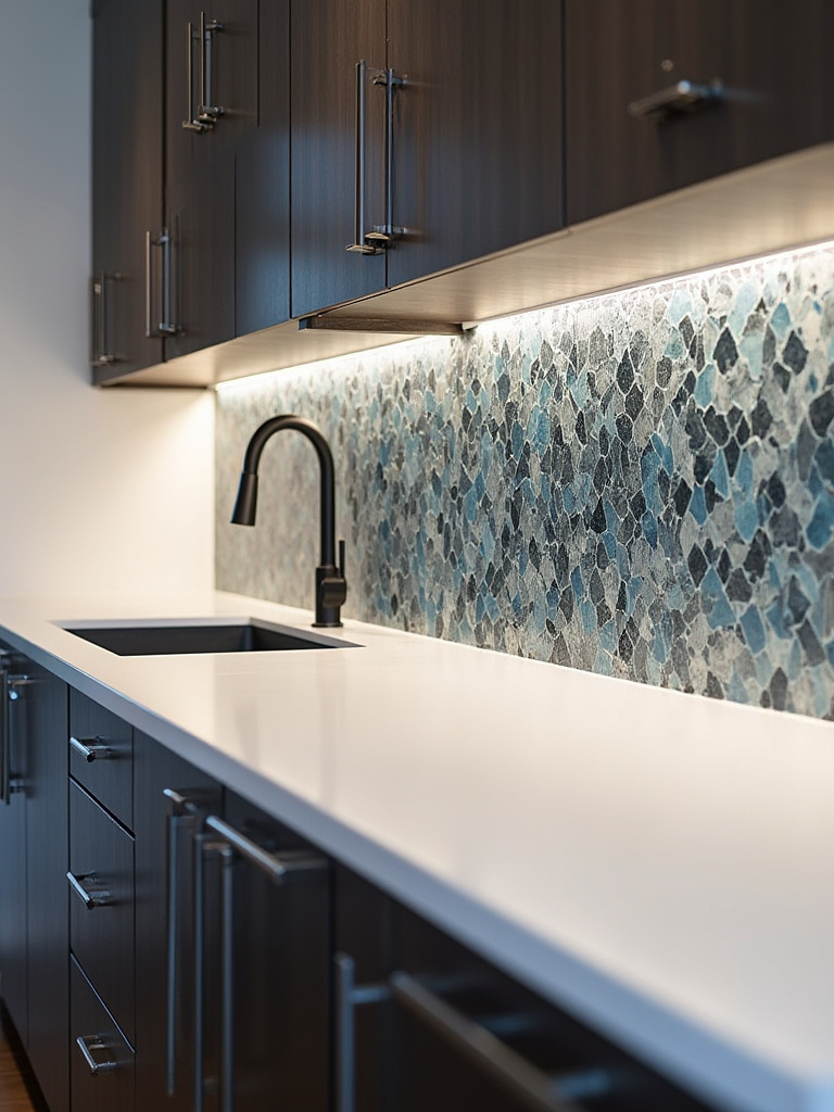Modern kitchen featuring a striking geometric mosaic glass tile backsplash in blue and gray, paired with white quartz countertops and dark-stained cabinetry. Illuminated by under-cabinet lighting.
