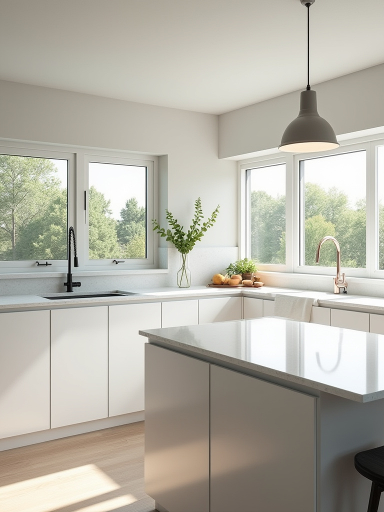 Kitchen with balanced natural light sources and layered lighting