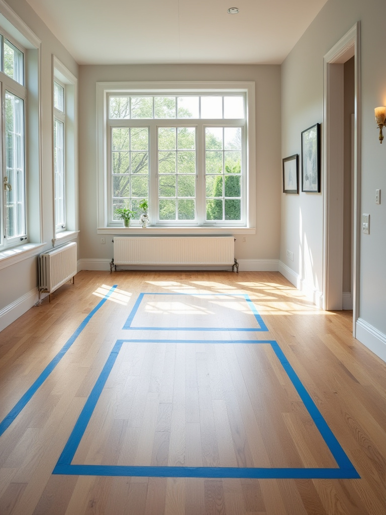 Empty dining room with blue painter's tape on the floor marking the precise outlines for a dining table and chair pull-out areas, emphasizing dining room measurement for furniture planning.