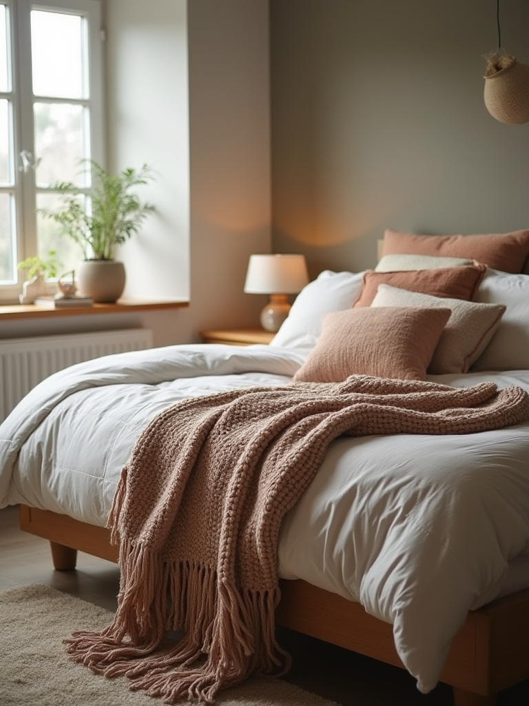 Bedroom with layered throw pillows and chunky knit blanket showing cozy textures
