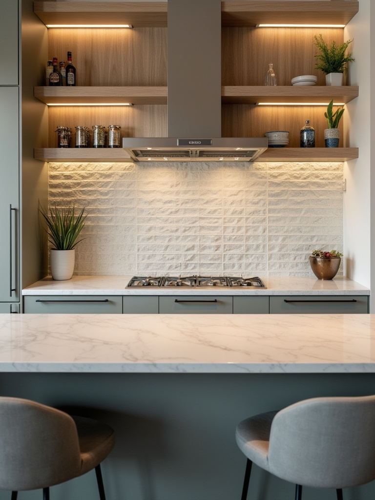 Kitchen bar with decorative backsplash above the bar in a stylish, modern setting