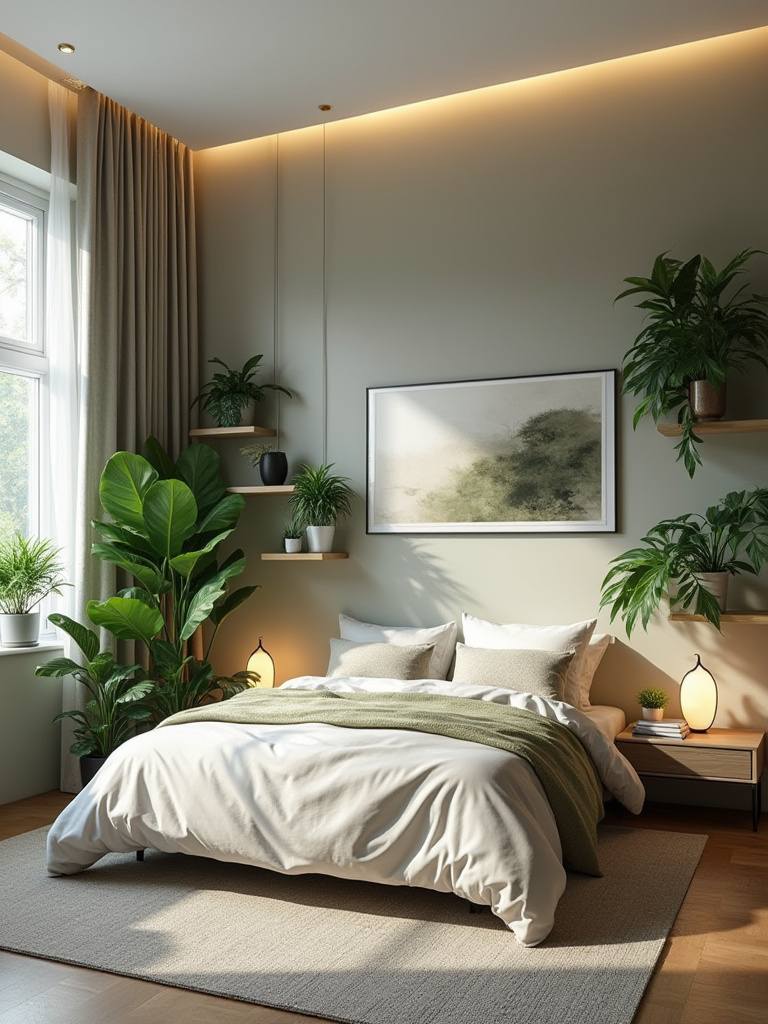 Portrait of a modern bedroom with strategically placed indoor plants for life and freshness