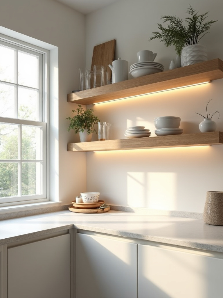 Modern kitchen open shelves with curated dishware and decor
