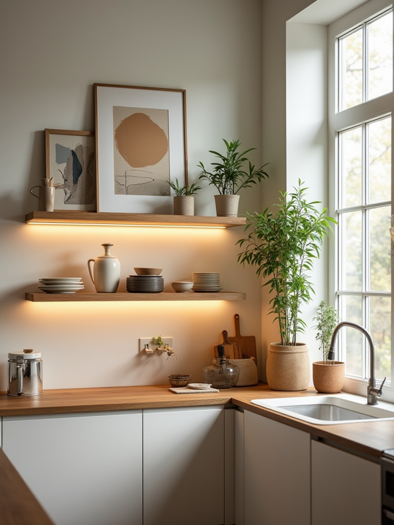 Vertical kitchen with open shelves, artwork, and plants
