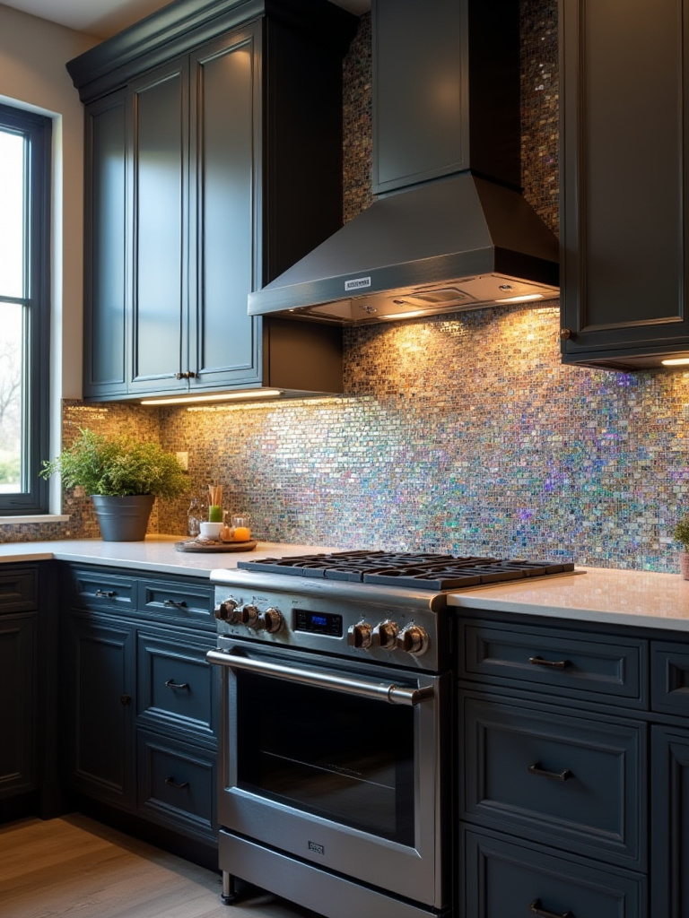 Portrait of a modern kitchen with a bold, iridescent backsplash as the focal point