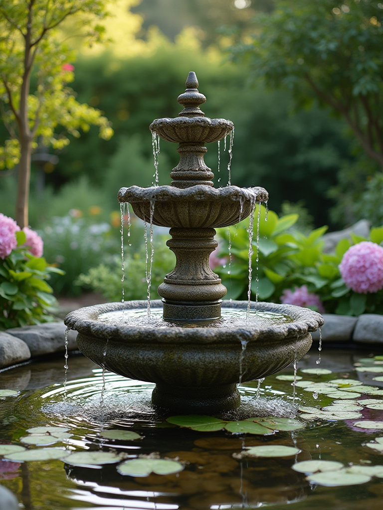 Portrait photo of a multi-tiered stone backyard fountain with gentle cascading water into a pond, surrounded by lush green plants and river rocks, illuminated by dappled sunlight.