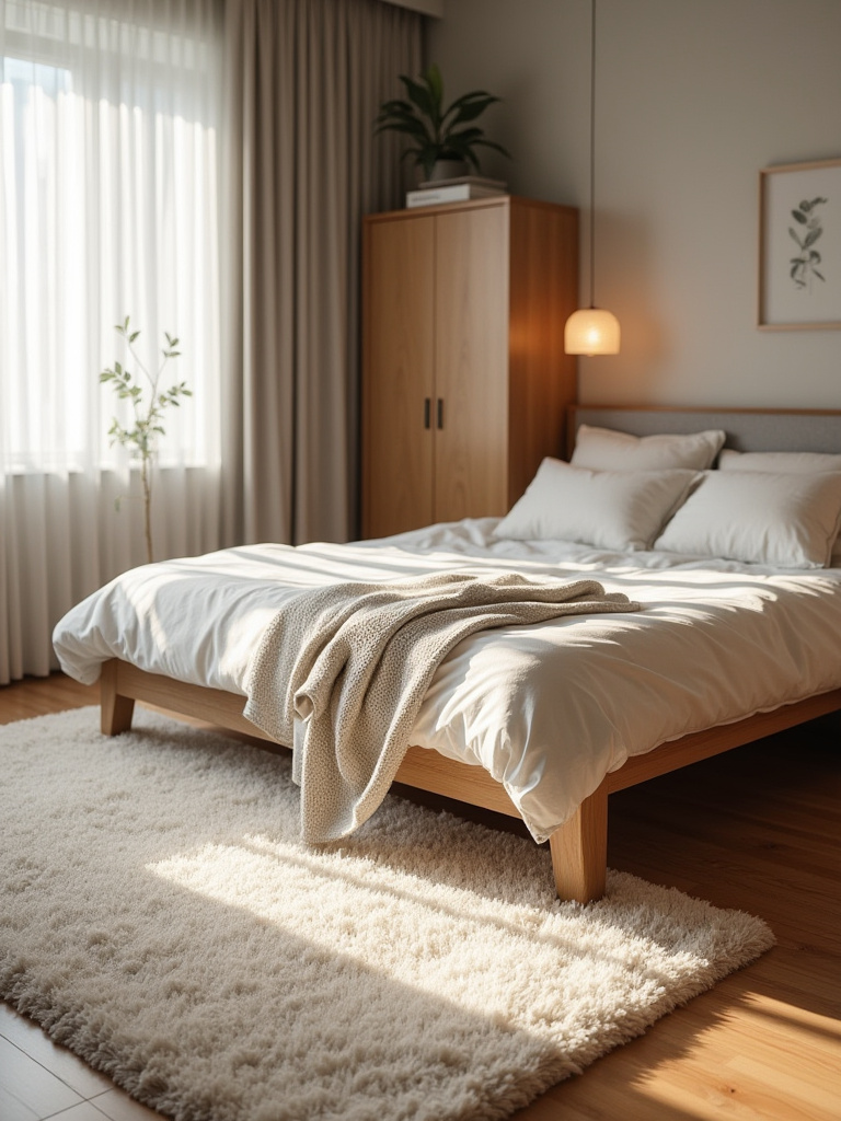 Bedroom with area rug anchoring bed and warmth