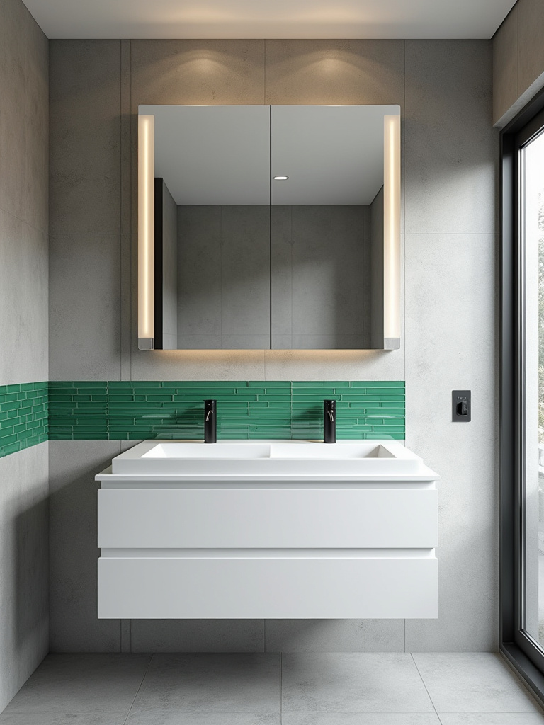 A modern bathroom featuring a white floating vanity, gray large format tiles, and a dramatic vertical strip of emerald green subway tiles. Matte black faucet and towel bar provide metallic contrast.