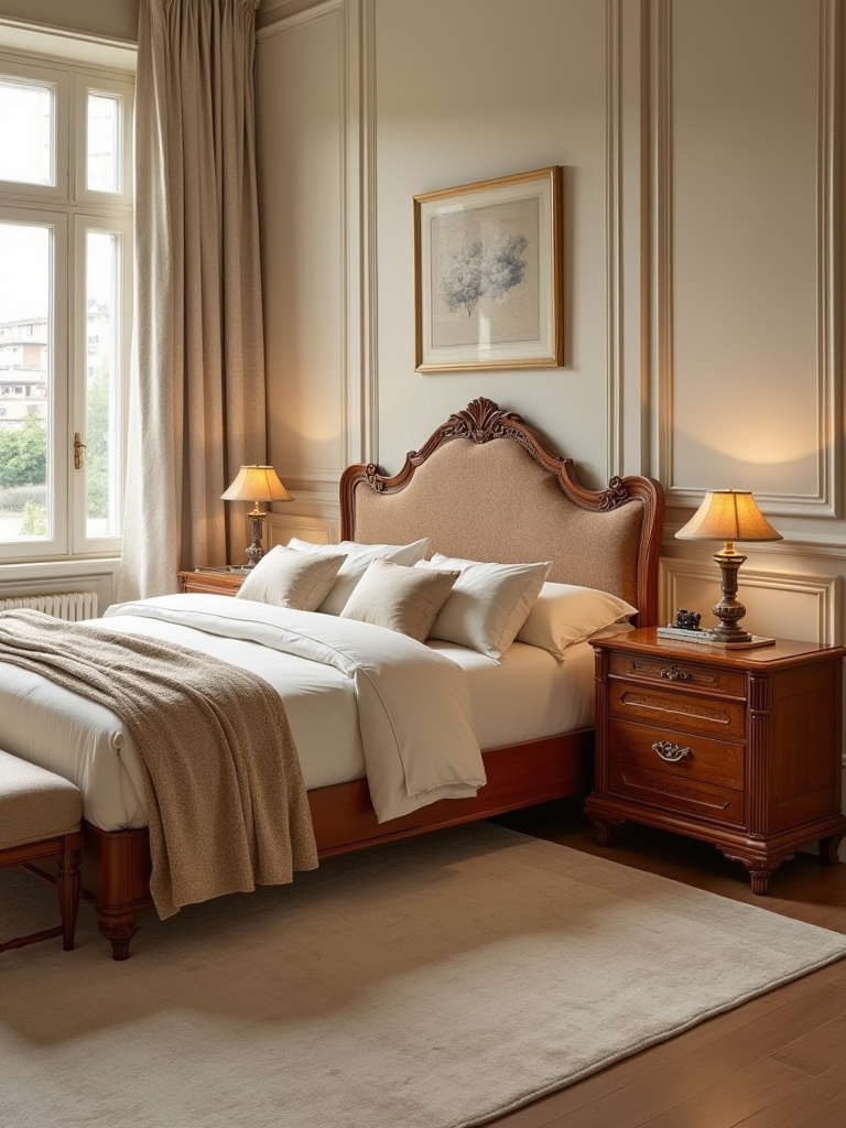 Portrait of a luxury bedroom with pristine restored furniture