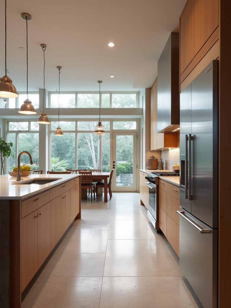 Vertical kitchen layout with island and bar showing traffic flow
