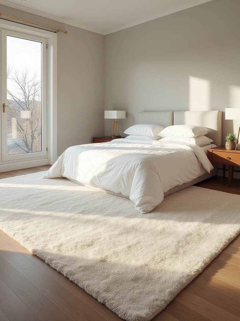 A professional photograph of a well-designed bedroom featuring a large, textured wool area rug anchoring a queen-size bed and nightstands, defining the sleeping zone.