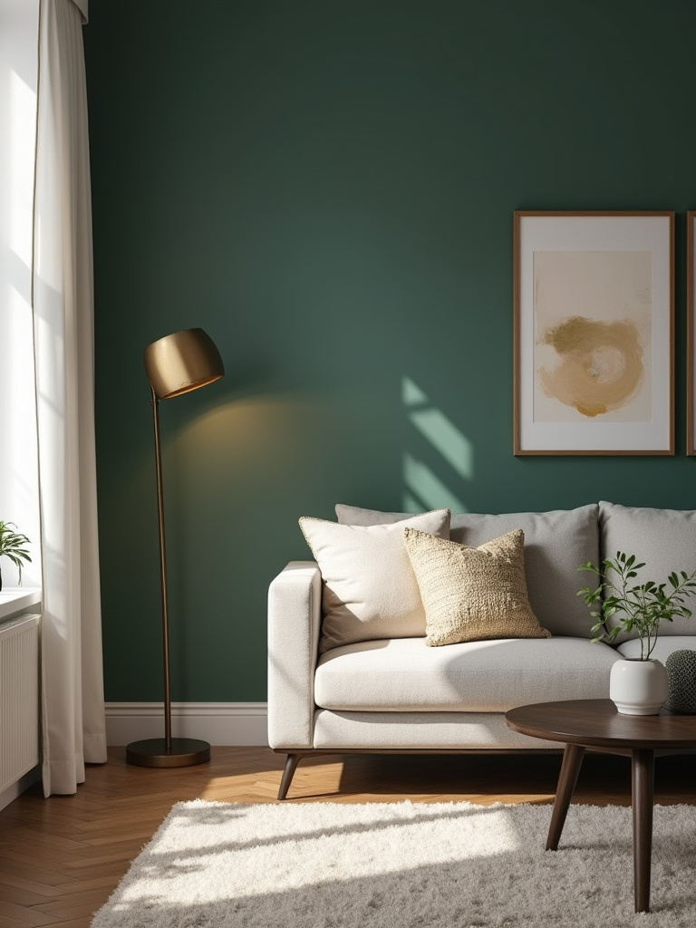 Modern living room featuring a dark blue painted accent wall behind a cream sofa, defining the seating area.