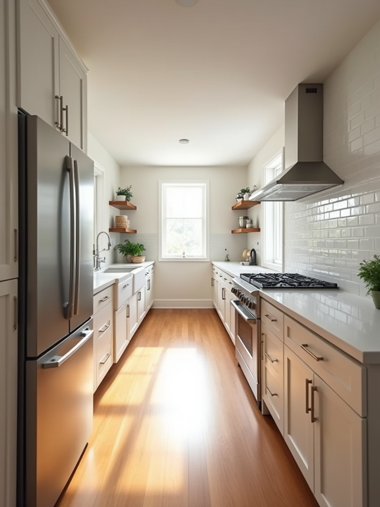 A modern kitchen with clear, wide pathways between the refrigerator, sink, and stove, demonstrating optimal kitchen traffic flow and organization.